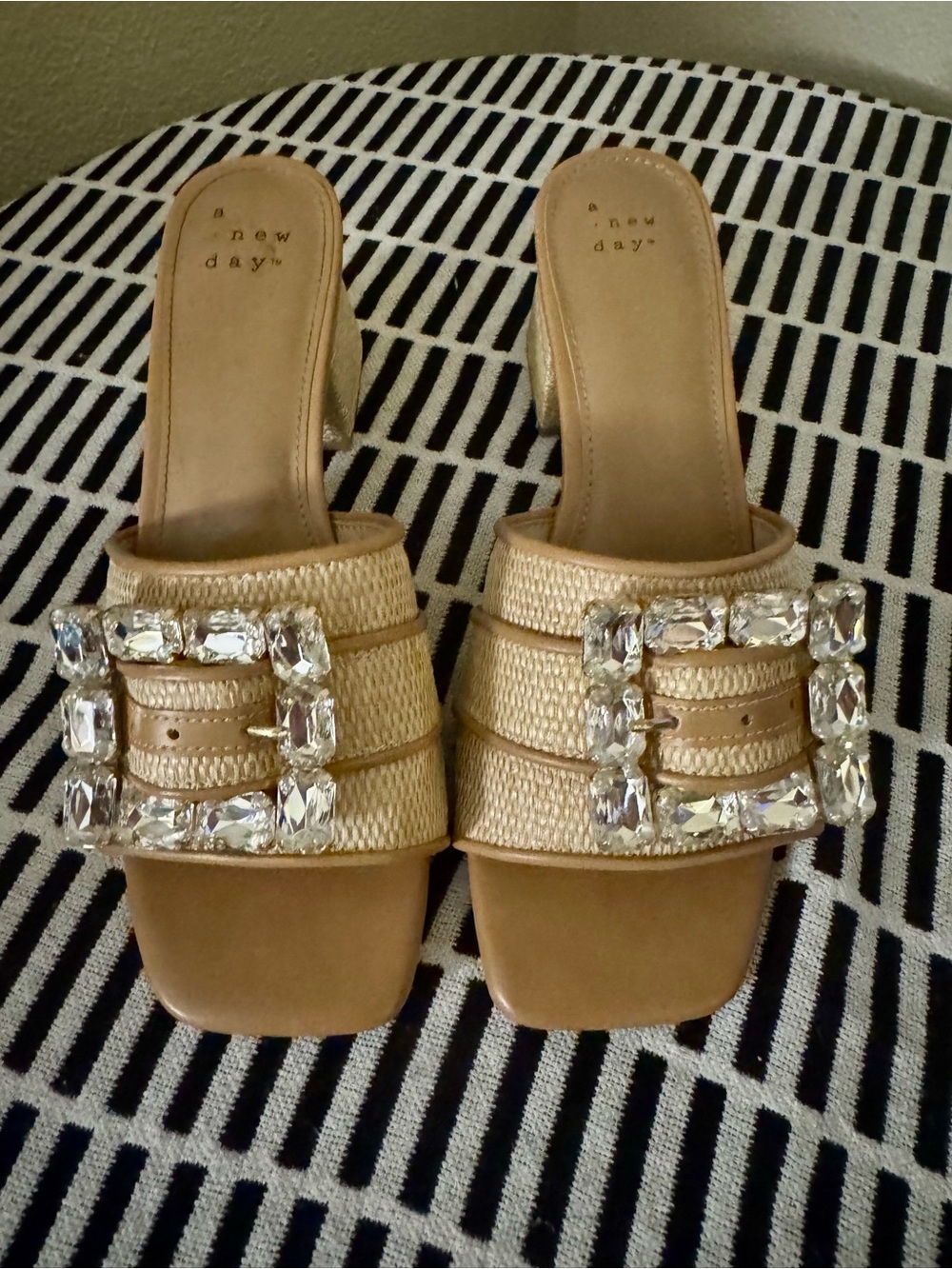 a new day Gold Woven Slide Mules with Crystal Buckles